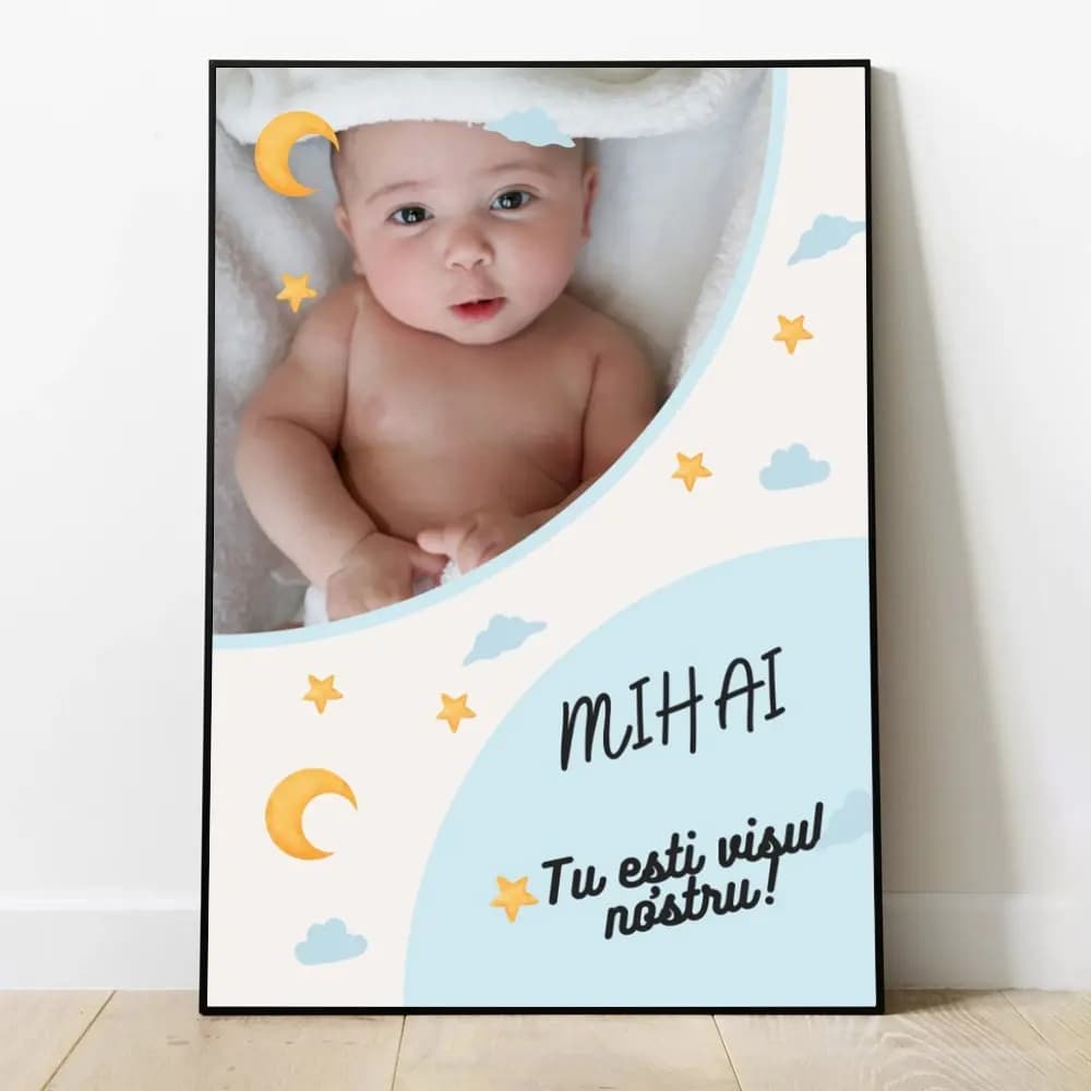 Tablou personalizat nou-născut băiat cu poză, nume și date naștere – cadou bebeluș memorabil