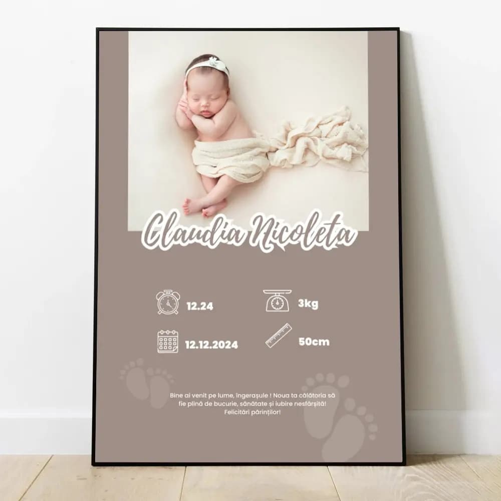 Tablou personalizat nou-născut cu poză, nume și date naștere – cadoul perfect pentru bunici