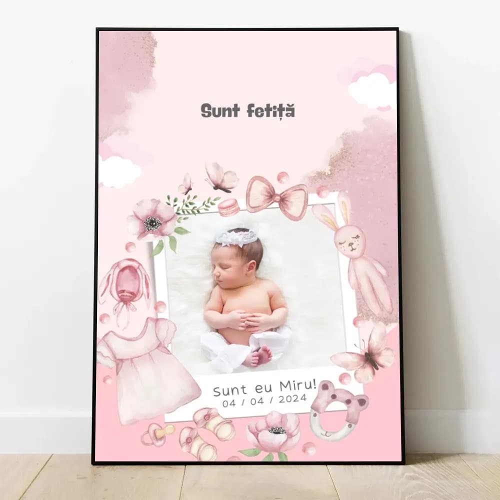Tablou personalizat nou-născut fetiță cu poză, nume și date naștere – cadou bebeluș memorabil