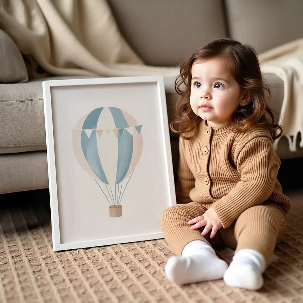 Tablou Personalizat pentru Camera Copilului cu Balon cu Aer Cald – Culori Neutre, Cadou Elegant cu Nume sau Poză