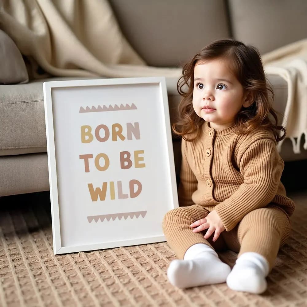 Tablou personalizat pentru camera copilului cu mesaj „Born to be wild” – culori neutre